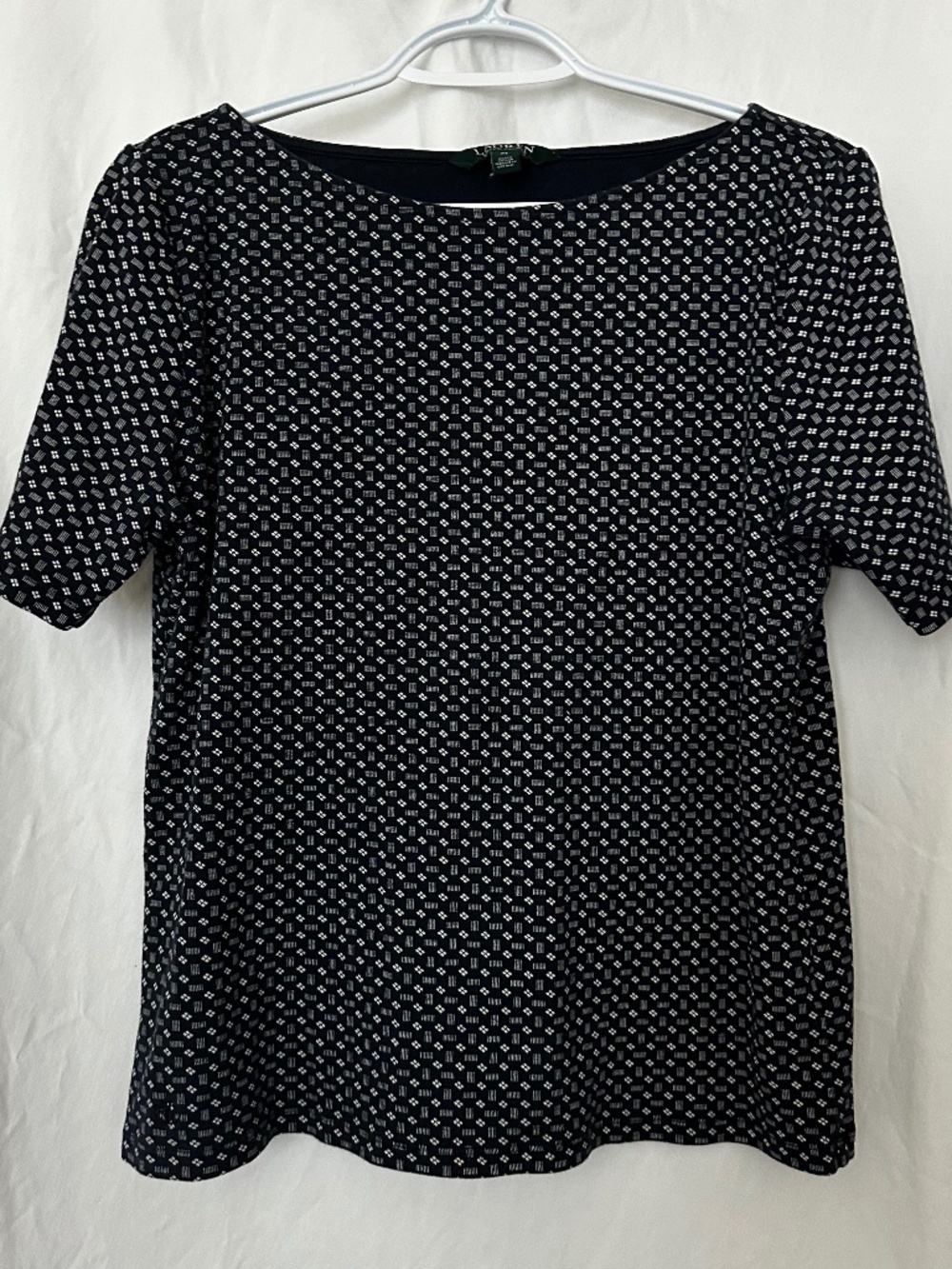 Lauren Ralph Lauren Women’s Xl Top 100% Cotton Navy Geometric Print Short Sleeve